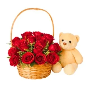 Cesta com 15 Rosas Vermelha e Pelúcia