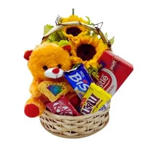 Cesta de Chocolates com Girassol e Pelúcia
