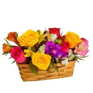 Cesta Pequena de Rosas e Astromélias Coloridas