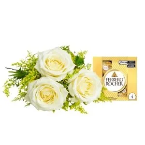 Ramalhete de 3 Rosas Brancas com Bombom Ferrero Rocher