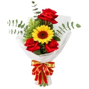 Ramalhete de 3 Rosas e Girassol