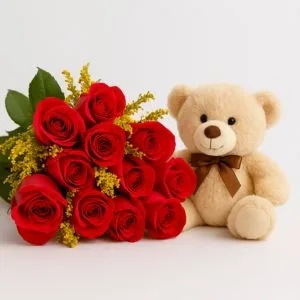 Buquê de 12 Rosas Vermelhas com Pelúcia