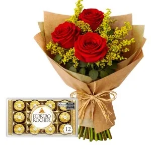Arranjo de 3 Rosas Vermelhas e Chocolate