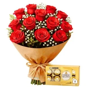 Buquê de 12 Rosas Vermelhas e Chocolate