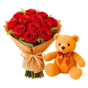 Buquê de 12 Rosas Vermelhas e Pelúcia