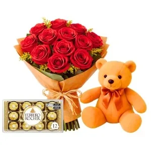 Buquê de 12 Rosas Vermelhas, Pelúcia e Chocolate