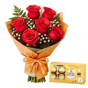Buquê de 6 Rosas Vermelhas e Chocolates