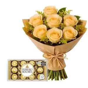 Buquê de 8 Rosas Champagne e Chocolate