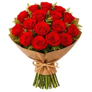 Buquê Especial de 15 Rosas Vermelhas e Folhagens