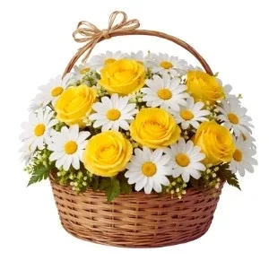 Cesta com Rosas e Margaridas Amarelas e Brancas