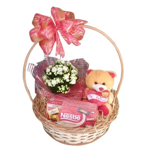 Cesta de Flores, Pelúcia e Chocolate