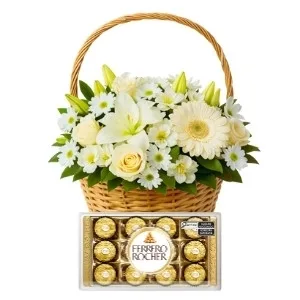 Cesta de Lírios, Gerberas Brancas e Chocolate