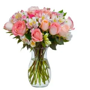 Arranjo de 12 Rosas Rosadas com Astromélias no Vaso de Vidro