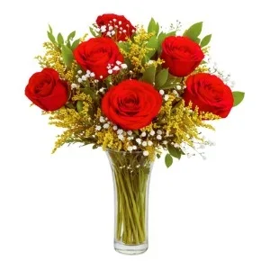 Arranjo de 6 Rosas Vermelhas no vaso de vidro