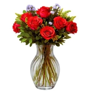 Arranjo de 8 Rosas Vermelhas no Vaso de Vidro