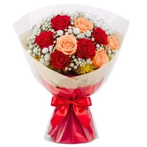 Buquê de 10 Rosas Vermelhas e Salmão