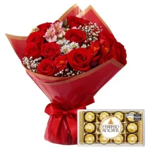 Buquê de 12 Rosas Vermelhas com Chocolate