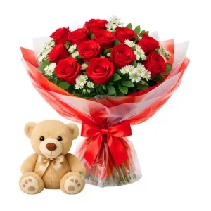 Buquê de 12 Rosas Vermelhas com Pelúcia