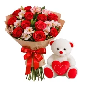 Buquê de 13 Rosas Vermelhas com Astromélia e Pelúcia