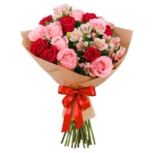 Buquê de 15 Rosas Vermelhas e Rosadas com Astromélias