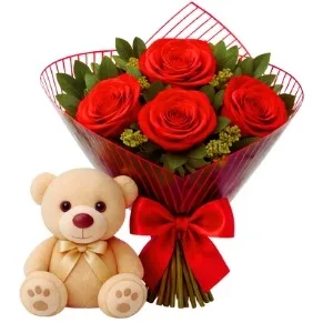 Buquê de 4 Rosas Vermelhas com Pelúcia