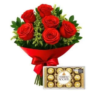 Buquê de 6 Rosas Vermelhas com Ferrero Rocher