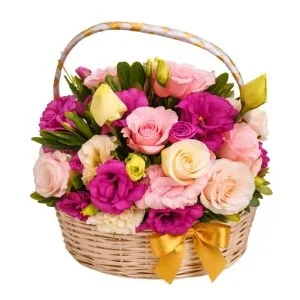 Cesta de Rosas e Flores Mistas Rosadas