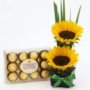 Arranjo de 2 Girassóis no Cachepot com Ferrero Rocher