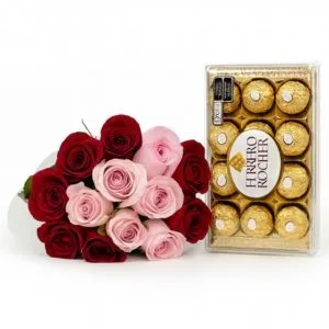 Buquê de 15 Rosas Coloridas e Ferrero Rocher