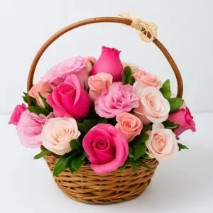 Cesta de Flores Mistas em Tons Rosados