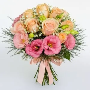 Buquê com Rosas Champanhe, Rosas Rosas e Lisianthus Pink
