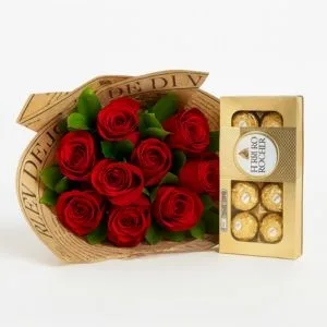 Buquê de 10 Rosas Vermelhas com Ferrero Rocher