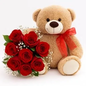 Buquê de 8 Rosas Vermelhas com Urso de Pelúcia