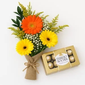 Buquê de Gérberas Coloridas com Chocolate Ferrero Rocher