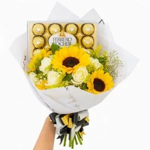 Buquê de Girassóis e Rosas Brancas com Ferrero Rocher