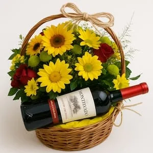 Cesta Alegria Flores e Vinho