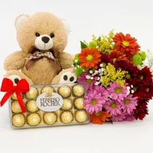 Kit com Urso de Pelúcia, Chocolates Ferrero Rocher e Buquê de Flores Coloridas