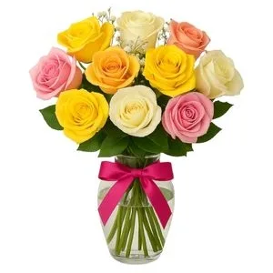 Arranjo de 12 Rosas Coloridas no Vaso de Vidro