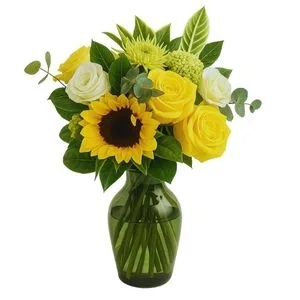 Arranjo de Flores Mistas Amarelas no Vaso de Vidro