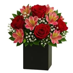 Arranjo de Rosas Vermelhas e Astromélias Rosadas