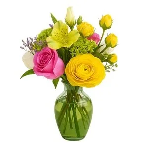 Arranjo Pequeno de Flores Coloridas no Vaso de Vidro