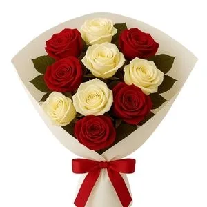 Buquê de 10 Rosas Vermelha e Branca