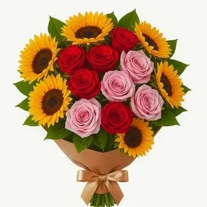 Buquê de 12 Rosas e Girassóis