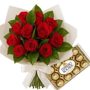 Buquê de 12 Rosas Vermelhas com Ferrero Rocher
