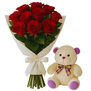 Buquê de 12 Rosas Vermelhas com Pelúcia