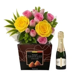 Buquê de 14 Rosas e Astromélias com Trufa Belga e Baby Chandon