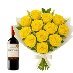 Buquê de 15 Rosas Amarelas e Vinho