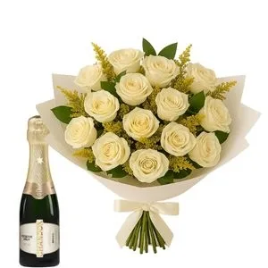 Buquê de 15 Rosas Brancas com Espumante Baby Chandon