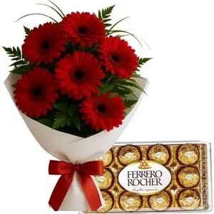 Buquê de 6 Gérberas Vermelhas com Ferrero Rocher