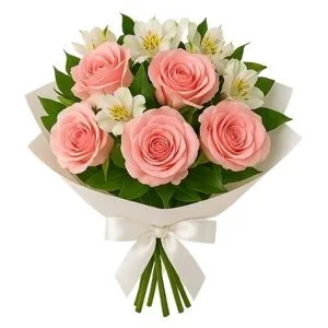 Buquê de 6 Rosas Rosadas e Astromélias